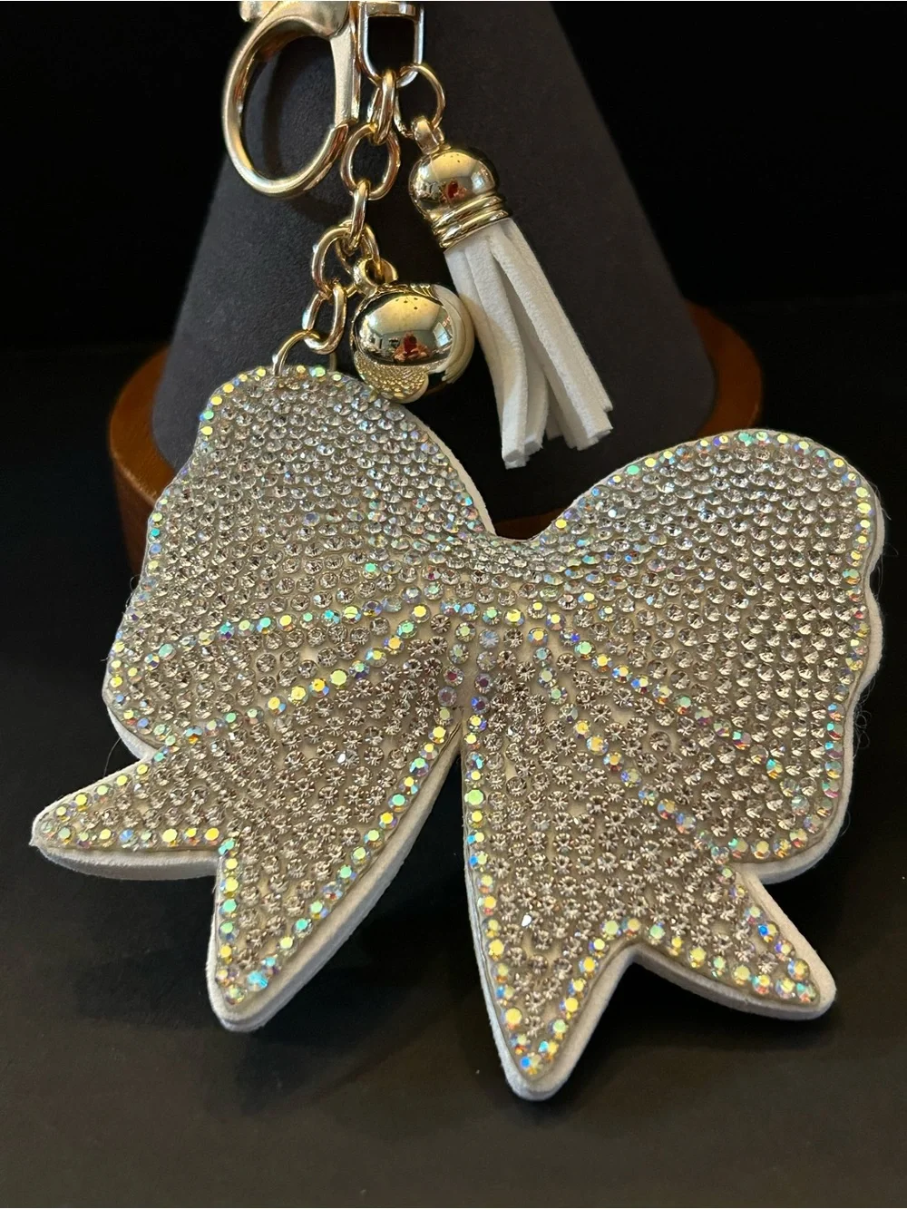 PREMIUM Puffy Off-White Crystal Bow Bag Charm Keychain w/Gold Accents